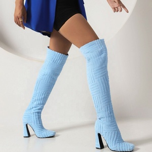 Newest Square Toe Soft Towel Suede Material Women Over Knee High <b>Boots</b> Shoes High Heels Long Booties for Ladies Wide Leg - Product Image 4