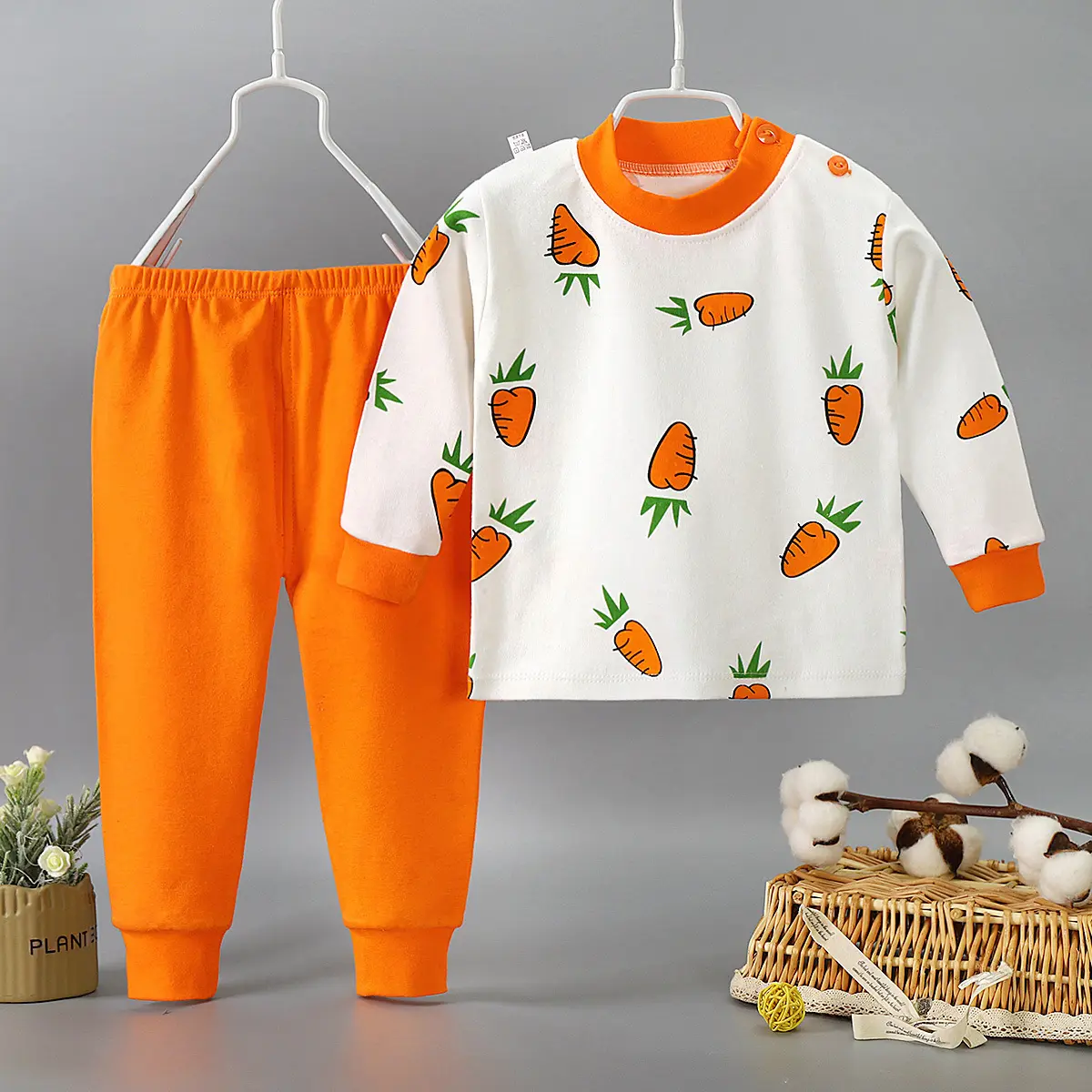 Children's autumn and winter shoulder button underwear set, two-piece set, boys and girls' cartoon home pajamas