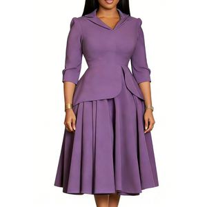 Robe midi plissée à peplum pour femme - Col châle, manches <span class=keywords><strong>coude</strong></span>, robes formelles africaines pour femmes Sehe Fashion - Product Image 1