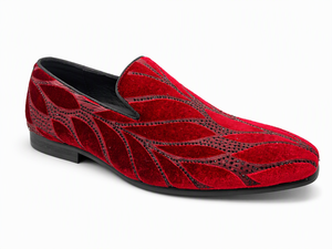 Mocassins en velours rouge pour hommes, motif feuille, bordure scintillante, chaussures habillées, bout rond, semelle en caoutchouc souple, pour le bureau, les occasions professionnelles, les mariages et les fêtes - Product Image 2