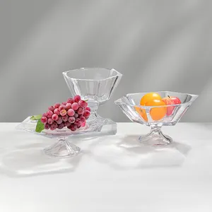 家用玻璃器皿圆形家居装饰雕刻果盘透明水晶平茎高脚杯玻璃碗 & 盘套装