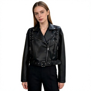 Blouson moto en cuir pour femme avec détails lacés et ceinture à la taille, style automne, longueur normale, manches longues, fermeture éclair - Product Image 1