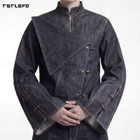Veste en jean brut pour homme, demi-zip, col montant, rabat asymétrique, fermeture à crochet style pompier, poignets cloche, sangle, bordure selvedge, avant-gardiste