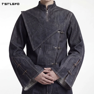 Veste en jean brut pour homme, demi-zip, col montant, rabat asymétrique, fermeture à crochet style pompier, poignets cloche, sangle, bordure selvedge, avant-gardiste - Product Image 2