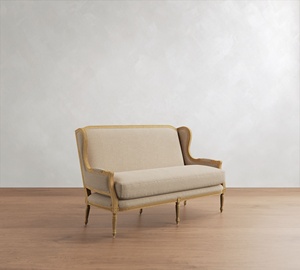 Magnifique canapé <span class=keywords><strong>vintage</strong></span> américain en chêne, causeuse en tissu de lin de taille personnalisable, canapé deux places de luxe en bois authentique sculpté à la main - Product Image 4