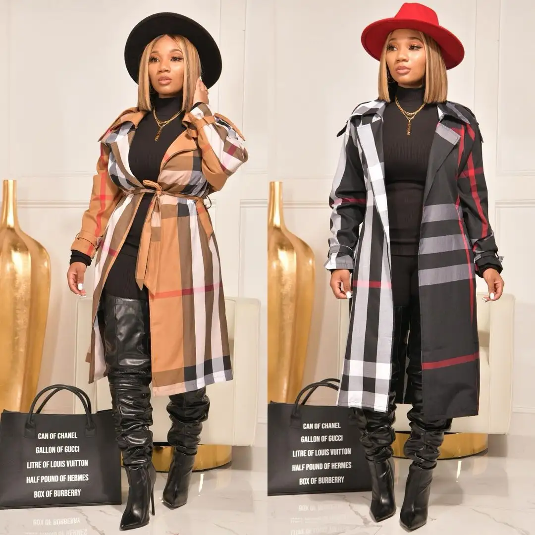 GX7082 Wholesale 2022 Spring Autumn Cloak Belted Printed Jacket Turn-down Neck Plaid Long Trend Coat