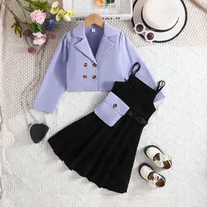 봄 가을 옷 새로운 스타일 패션 트렌드 아동 자켓 + 스커트 + 가방 3 피스 세트 솔리드 여자 의류 세트 도매