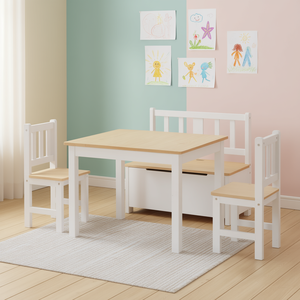<b>Kids</b> Wooden Table & Chairs Set With Storage <b>Bench</b> Natural White Modern Design For Toddlers - Product Image 2