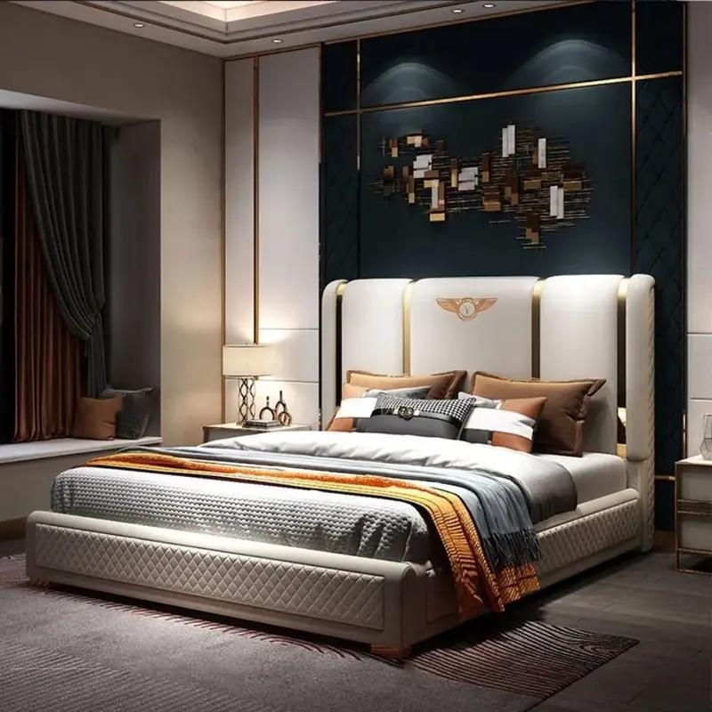 Foshan fabrica conjuntos de quarto luxuosos móveis para quarto principal, cama de casal moderna e moderna, cama de couro com armazenamento