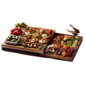 Legend OEM Rotary Wooden Cheese Plate Cheese Cutting Board Knife Set Tingsheng Wooden Cheese Board With 3 Ceramic Dishes