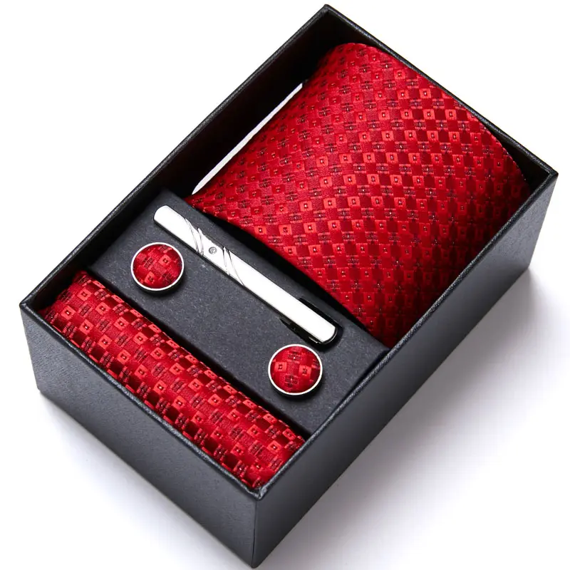 Luxe Rode Stropdas Set 7.5Cm Glimmend Stropdas Gravata Pocket Plein Zakdoek Manchetknopen Pak In Gift Box
