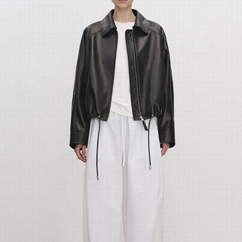 HN5239 Women's Lapel Vegetable Tanned Sheepskin Biker Jacket Loose Drawstring Hem Zip up Leather Coat