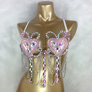 Sparkly Samba karnaval sutyen gökkuşağı pembe kırmızı taş oryantal dans tel sutyen seksi kadın sahne gösterisi bikini