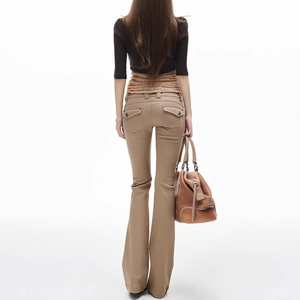 Pantalones Casuales Ajustados de Cintura Baja y Corte Acampanado Color Caqui Personalizados - Product Image 3
