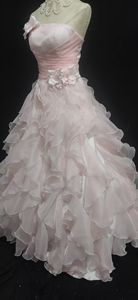 Robe de soirée vintage royale en satin rose à dentelle, manches courtes, grandes fleurs à volants, robe de mariée de bal, robe de mariée - Product Image 4