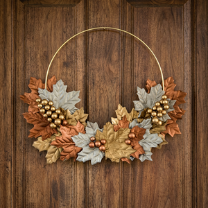 Corona Rústica de Hojas Otoñales con Bayas Metálicas, Flores Decorativas Hechas a Mano, Corona Redonda sin Luces para Acción de Gracias - Product Image 4