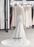 Robe de mariée longue en satin naturel, coupe évasée drapée, manches longues, col rond, dos nu, grande taille, en satin doux, pour le printemps