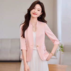 Women's Summer Thin Blazer Champagne Color Three Quarter Sleeve Solid Cotton Breathable Casual Suit Jacket - Product Image 3