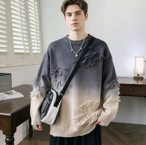 Maglione <span class=keywords><strong>Uomo</strong></span> Sfumato Effetto Vissuto - Maglia Oversize Streetwear con Dettagli Strappati, Top Invernale Morbido e Caldo per un Look Casual e Cool - Product Image 3