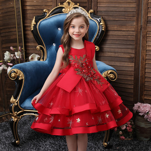 Girls Red Princess Dress Stage Performance Costume Sparkle Embroidery Party Wear - Product Image 2