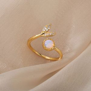 New Trend Women Leaf Diamond Opal <b>Ring</b> Personalized Simple Opening Adjustable <b>Couple</b> Wedding <b>Rings</b> Jewelry - Product Image 5