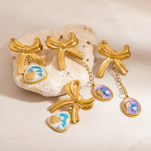 ต่างหูสแตนเลสทรงโบว์พร้อมจี้รูปมหาสมุทรสำหรับผู้หญิง เครื่องประดับแฟชั่น - Product Image 2