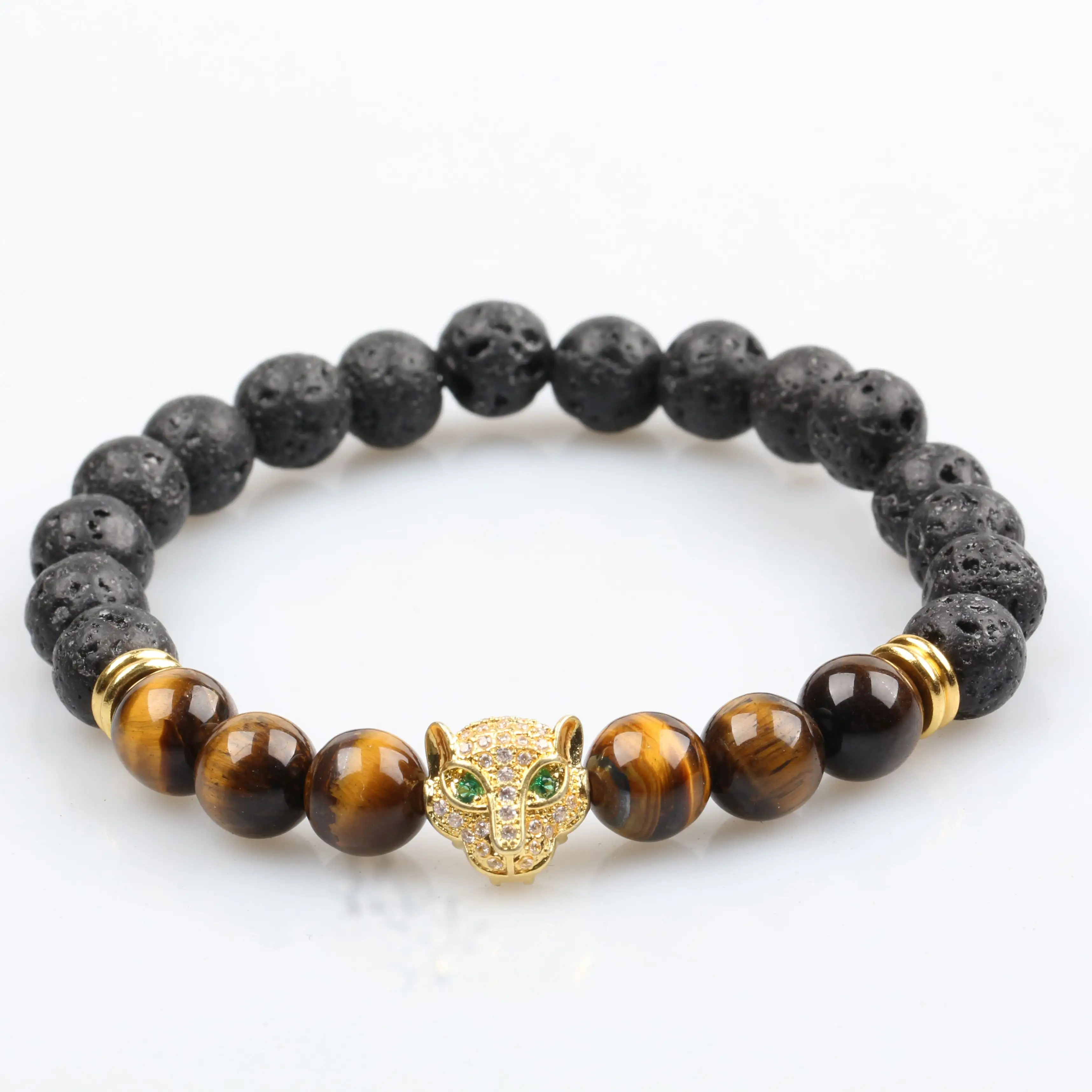 Natuurlijke 8Mm Lava Rock Steen Gemengde Bruine Tijgeroog Luipaard Charme Elastische Partner Armband