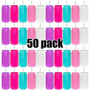 50Packs Glossy Macaron 16Oz Colored Glass Can With Plastic Lid Uv Dtf <b>Wraps</b> <b>Vinyl</b> for Iced Coffee Soda - Product Image 1