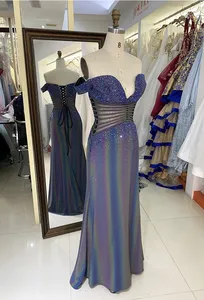 Púrpura fuera del hombro rhinestone sirena corsé elegante vestidos de graduación lujoso 2025