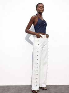 <span class=keywords><strong>Pantaloni</strong></span> da <span class=keywords><strong>donna</strong></span> a vita alta bianchi a gamba larga con strisce verticali, <span class=keywords><strong>bottoni</strong></span> in metallo su entrambi i lati, taglio dritto e vestibilità comoda, casual - Product Image 4
