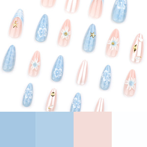 Faux ongles à presser courts en amande, motif vague d'eau 3D, océan bleu, coquillage, étoile de mer, ombré, été, vente en gros - Product Image 2