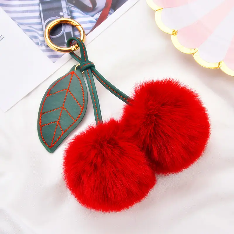 NEUE Mode 6cm Cherry Pom Pom Schlüssel anhänger Fake Faux Rabbit Fur Ball Schlüssel ring