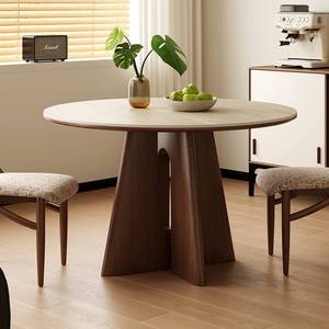 Tavolo da Pranzo Rotondo in Stile Vintage Francese con Piano in Pietra, Moderno e Minimalista per Piccoli Appartamenti, in <span class=keywords><strong>Legno</strong></span> Massello <span class=keywords><strong>Color</strong></span> <span class=keywords><strong>Noce</strong></span> - Product Image 1