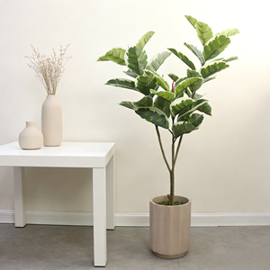 ต้นยางพาราประดิษฐ์หลากสีสัน ใบไม้ปลอมสีขาวและสีเขียวในกระถางเซรามิกสีเบจ สูง 43 นิ้ว สำหรับตกแต่งบ้าน สำนักงาน ทางเข้าบ้าน - Product Image 1