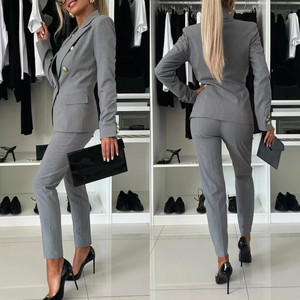 C8608 abiti da <span class=keywords><strong>donna</strong></span> alla moda abiti da ufficio Slim doppio petto Blazer e <span class=keywords><strong>pantaloni</strong></span> due pezzi Set completo formale da <span class=keywords><strong>donna</strong></span> - Product Image 3