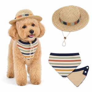 Conjunto de sombrero de paja y bandana de algodón a rayas para perro, ropa para mascotas, OEM México, sombrero ajustable a prueba de viento, reversible, triangular - Product Image 1