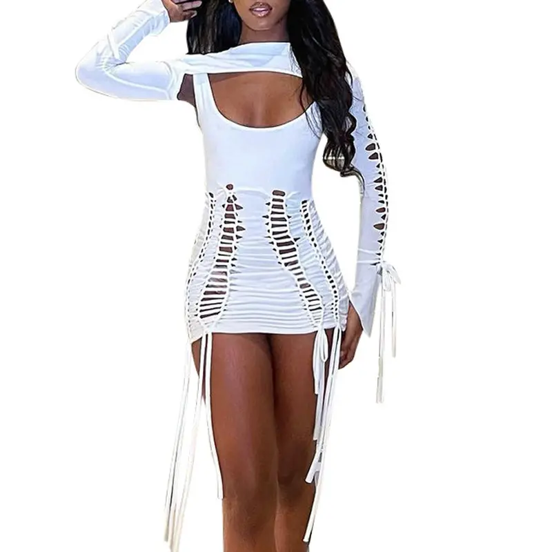 R30036S Hot 2023 Fashion Cut Out Bandage Bodycon Dresses Sexy Club Outfits for Women Clothing 2 Piece Long Sleeve Mini Dress Set