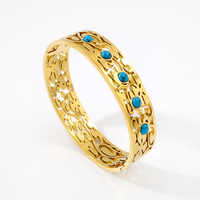 Bracelets Joncs Chunky Femme en Acier Inoxydable Plaqué Or 18K, Motifs Creux Turquoise, Vente en Gros, Luxe et Tendance
