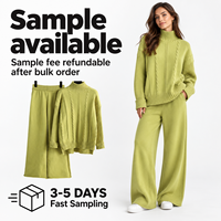 Ensemble deux pièces en tricot vert olive pour femmes FNJIA, pull à col roulé à côtes et pantalon large, vêtements décontractés, fabricant OEM personnalisé