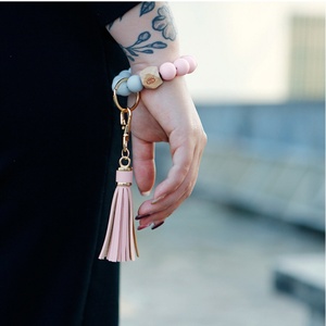 Hot Selling Colorful Wood Bead Wristlet <b>Key</b> <b>Chain</b> Retro Bracelet Bangle PU Leather Tassel Wristbands Keychain - Product Image 6