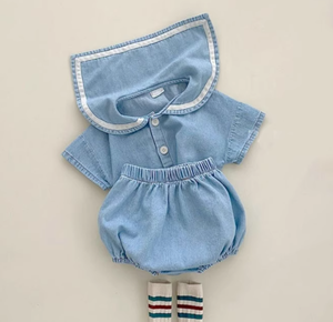 Set di abbigliamento estivo per bambini in Denim di alta qualità per bambini e neonati completo completo da marinaio con colletto da marinaio in due pezzi - Product Image 1