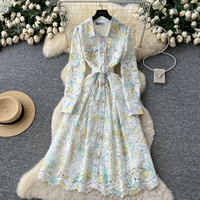 Robe chemise élégante en dentelle florale, coupe trapèze, manches longues, ceinturée, décontractée, pour soirée, mi-longue, pour femmes, pour tous les jours