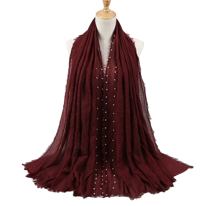 Hijab en coton grande taille froissé, écharpe musulmane, en viscose de coton, avec perles, offre spéciale, collection