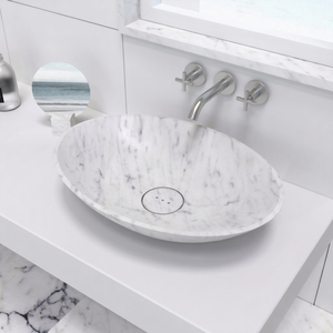 Lavabo de Mármol Blanco Carrara, Lujoso y Moderno, con Grifo de Pared, Impresionantes Vetas Ovaladas, Piedra Natural, Marca OEM, Modelo para Baño - Product Image 1