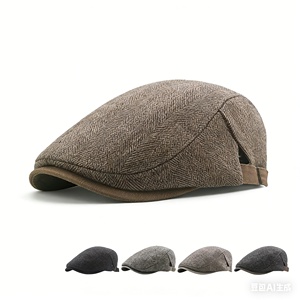 Chapeau béret à grosse tête pour hommes, casquettes doublées thermiquement avec motif rayé, style casquette plate rétro, bonnet - Product Image 2