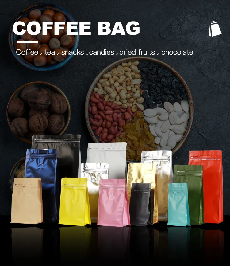 Sacos plásticos de café com válvula unidirecional para embalagem, sacos plásticos com zíper para grãos de café em vários tamanhos e cores com impressão