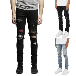 Jeans slim homme haute élasticité avec patchs déchirés aux genoux, style streetwear, pour le dropshipping - Product Image 1