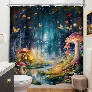 ม่านอาบน้ำ3D แฟนตาซีพร้อมต้นไม้ป่าในดินแดนมหัศจรรย์ดอกไม้ป่าสวนผีเสื้อ-ของตกแต่งบ้านที่เก็บของในห้องน้ำ - Product Image 4