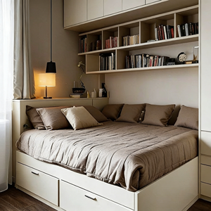 Custom Built-in Wardrobe <b>Bed</b> with Open Book Shelves Minimalist Style, Solid <b>Wood</b> & Matte Door Panels,Study Bedroom Ardrobe - Product Image 2