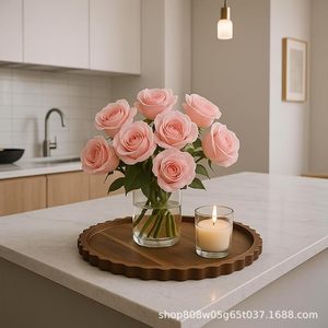 Plateau rond en bois avec figurine d'ange, bougie parfumée et vase pour la décoration de bureau à domicile, cadeau de baptême, assiette décorative en bois massif - Product Image 3